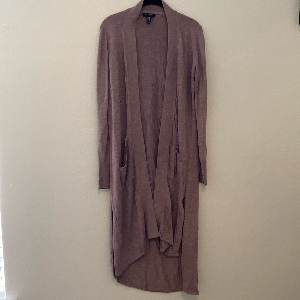H by Halston Open Front High Low Duster Cardigan Long Sleeve Heather Iron Taupe - Picture 3 of 13